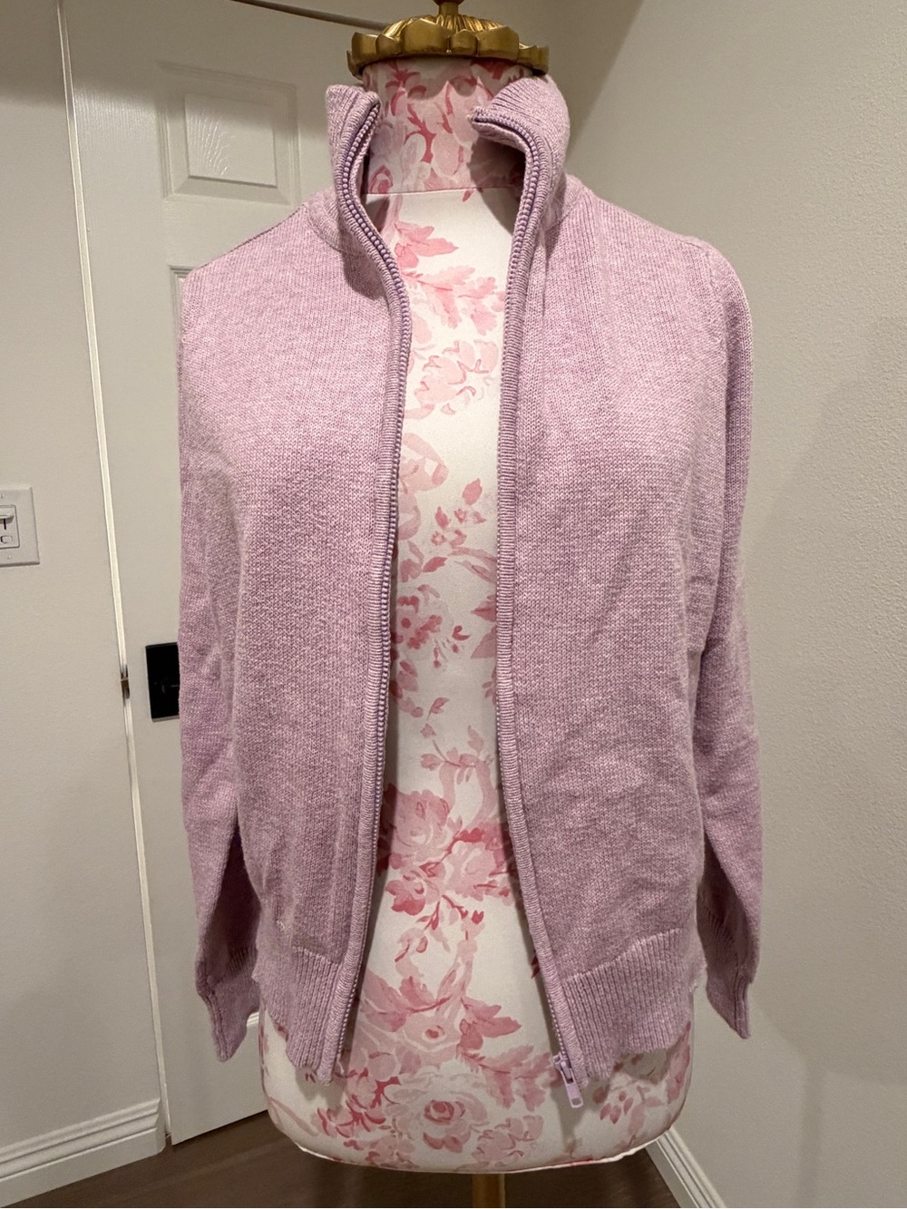 Light Lavender Zip-Front Knit Cardigan